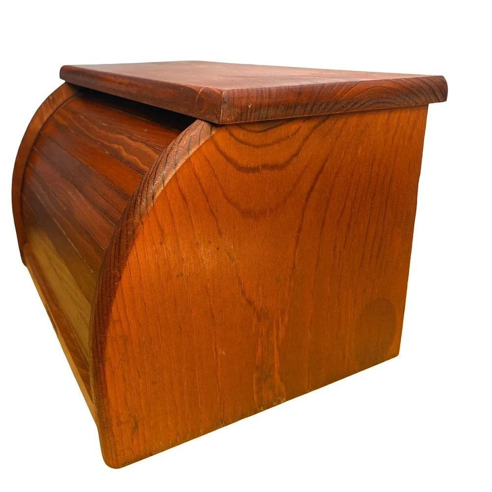 Vintage Wooden Roll Top Bread Box Kitchen Counter Storage Farmhouse Brown MCM